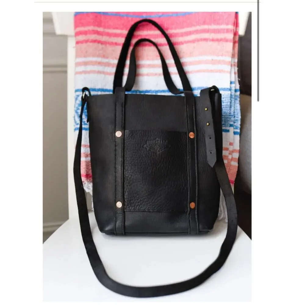 Haiti Made Mini Travay Upright Saddle Black Leather Tote Bag Purse Front Pocket